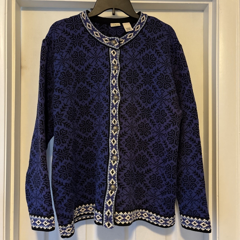 Vtg LL BEAN Sweater Womens XL Nordic Fair Isle Jacquard Cardigan Cotton Purple
